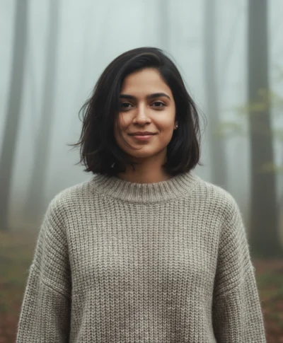 AI-generated image: Candid Fine Art Portrait: Windswept Woman in Misty Forest (Prompt)