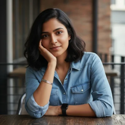 AI-generated image: Cinematic 8K Portrait: South Asian Woman in Café (Prompt)