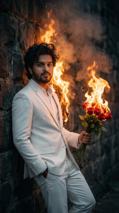 AI-generated image: Man in White Suit with Flaming Roses (Prompt)