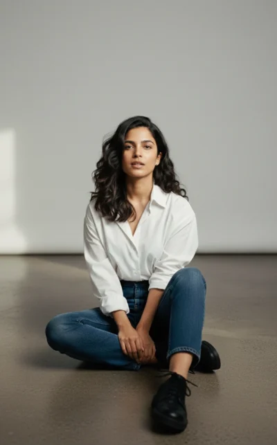 AI-generated image: Cinematic 8K Portrait: Woman in Oversized Shirt & Denim (Prompt)