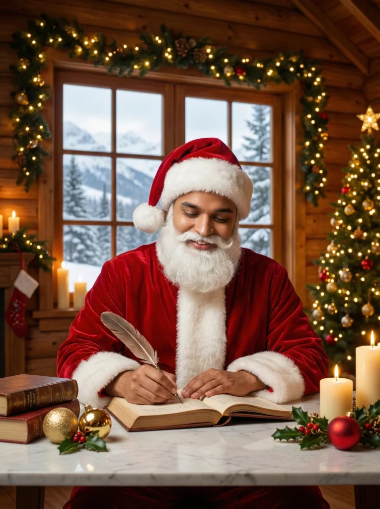 Young Man in Santa Costume in Cozy Cabin (Prompt)