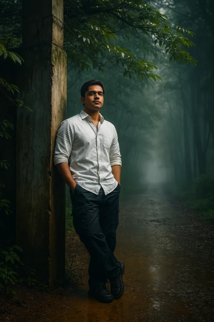 Cinematic Ultrawide Portrait: Man in Misty Forest at Weathered Gate (Prompt)