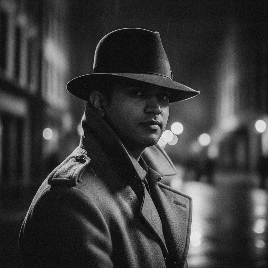 Classic Film Noir Portrait: Trench Coat & Fedora (Prompt)