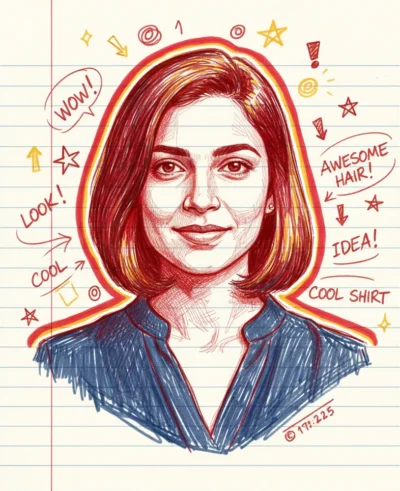 Hand-Drawn Doodle Portrait: Red & Yellow Pen on Notebook Paper (Prompt)