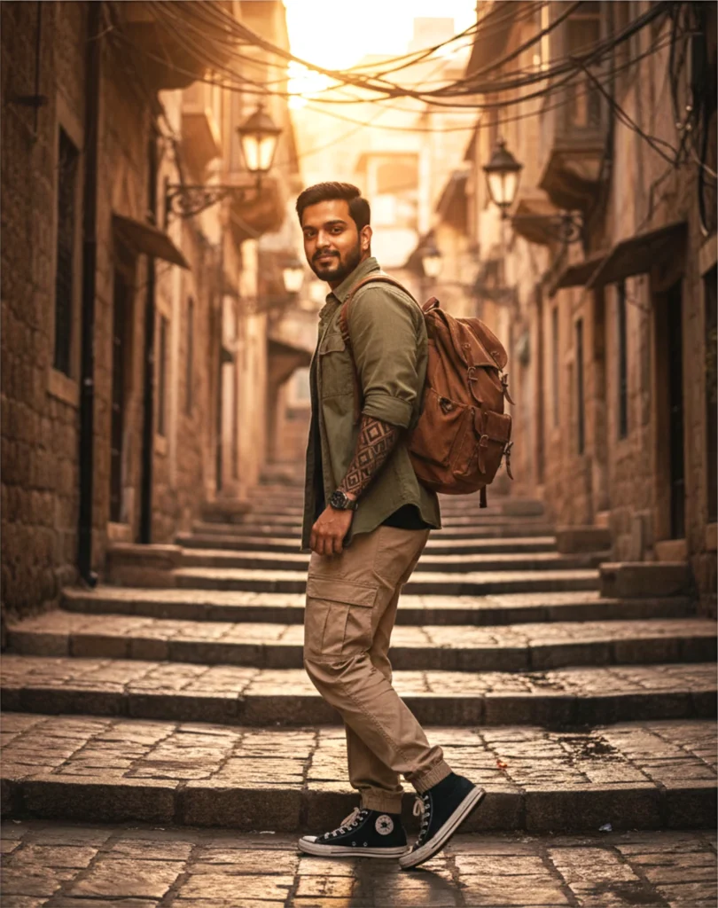 Hyper-realistic 8K Portrait: Man on Rocky Staircase at Golden Hour (Prompt)