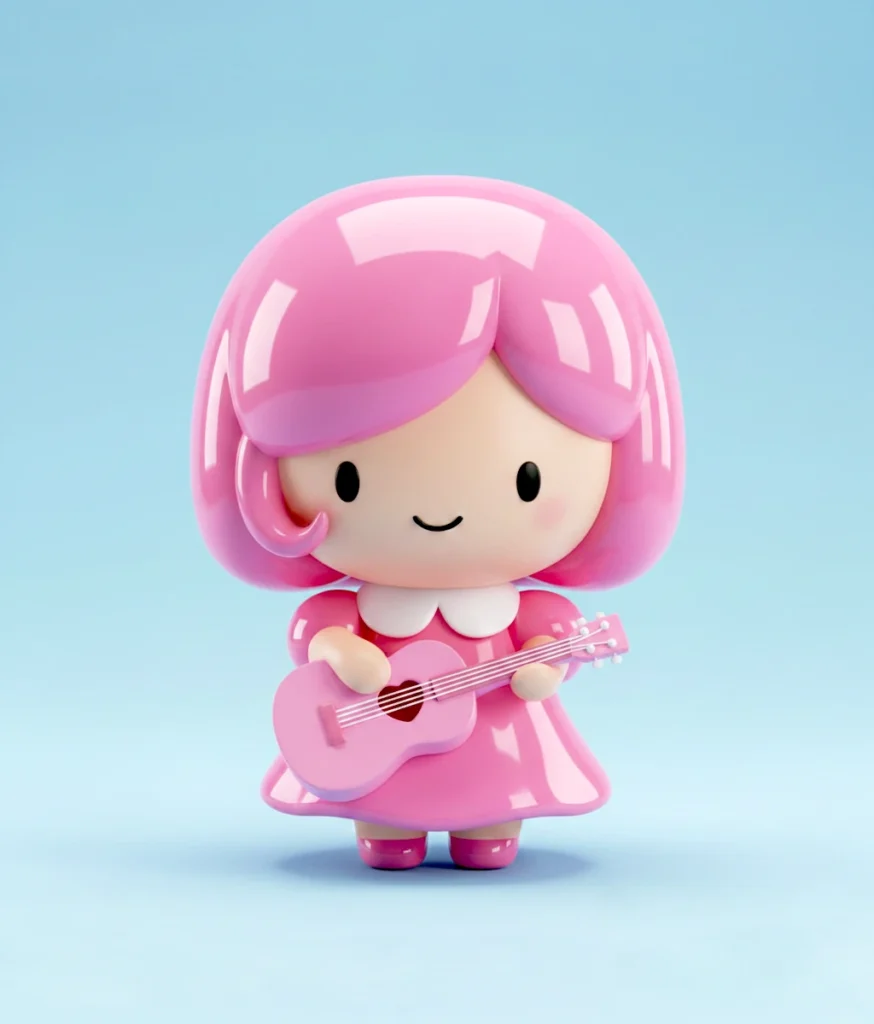 Kawaii 3D Render: Chibi Vinyl Toy with Pink Hair & Guitar