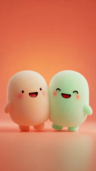 Kawaii 3D Render: Two Giggling Chibi Characters (Peach & Mint Pastel)