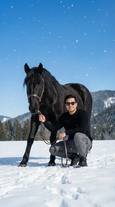 Realistic Photo Portrait: Man & Black Horse in Snowy Mountains (Prompt)