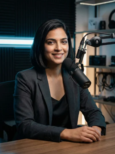 Photorealistic 4K Cinematic Podcast Host Portrait (Prompt)