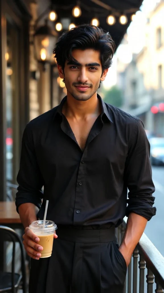 Realistic Old Money Portrait: Young Indian Man at Café Balcony (Prompt)