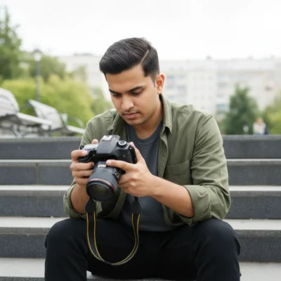 AI-generated image: Realistic Outdoor Portrait: Modern Man with DSLR (Prompt)