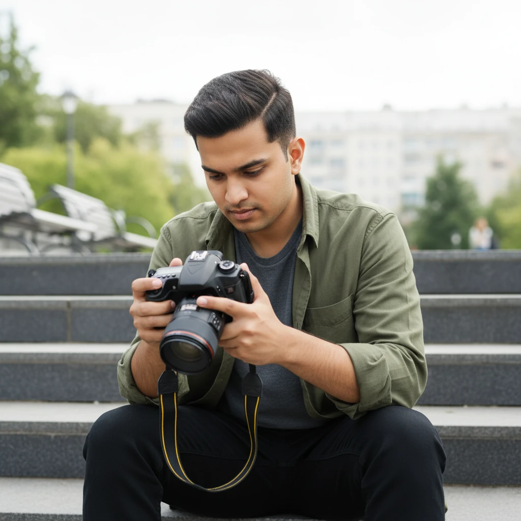 Realistic Outdoor Portrait: Modern Man with DSLR (Prompt)