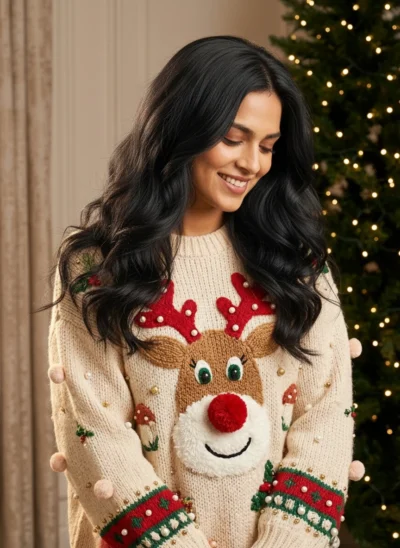 Woman in Chunky Reindeer Christmas Sweater (Prompt)