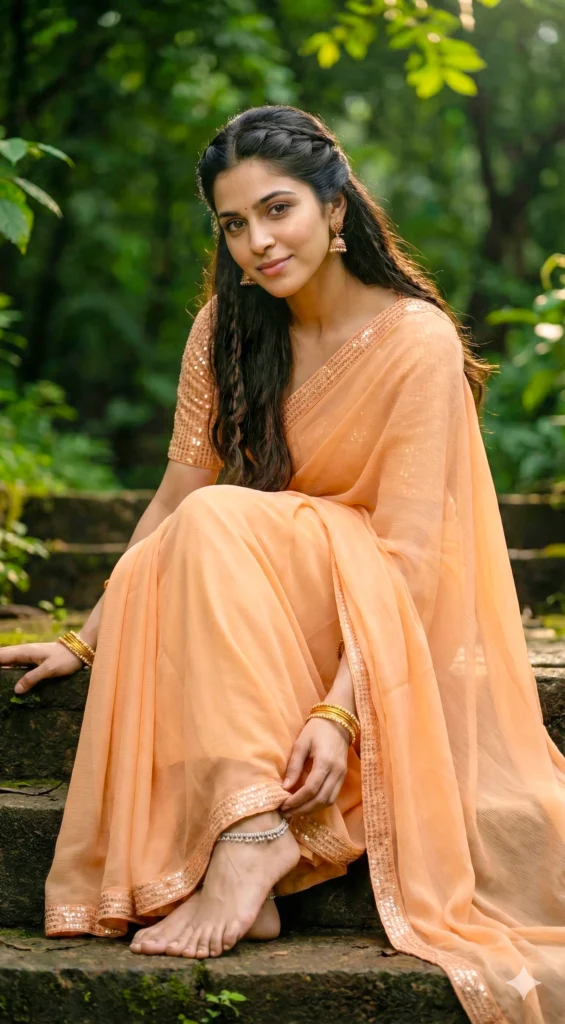 A Young Woman in Light Orange Chiffon Saree on Stone Steps
