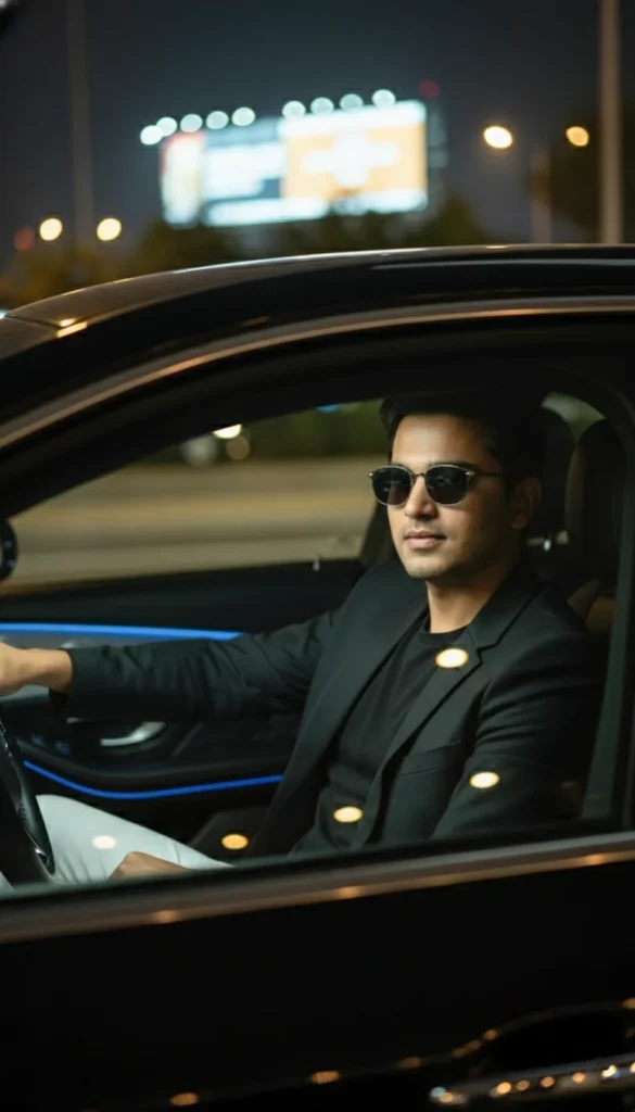 Cinematic Car Portrait: Night City Lights and Sunglasses Style