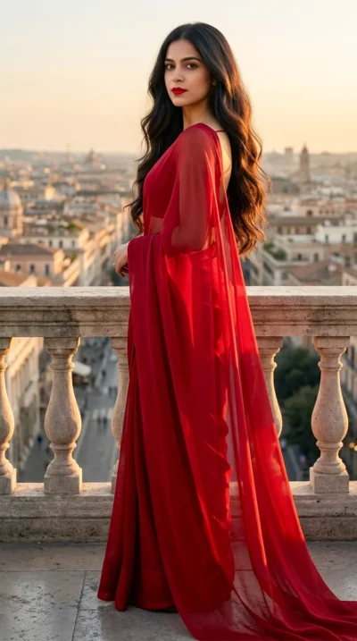 AI-generated image: Cinematic Portrait of a Woman in a Red Saree – Gemini Prompt