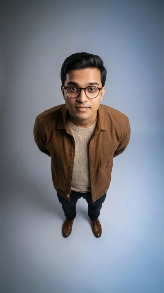 Cinematic Top-Down Portrait: Man with Round Glasses (Image-to-Image Prompt)