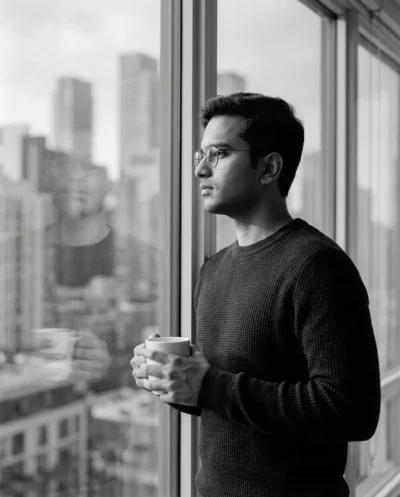 AI-generated image: Contemplative Man Gazing at City Skyline (Gemini Prompt)