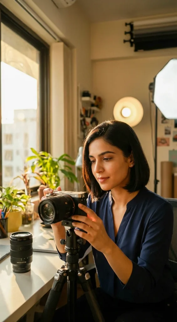 Golden Hour Portrait: Content Creator in Home Studio