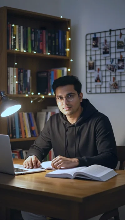 AI-generated image: Cozy Study Room Portrait with Laptop and Fairy Lights (Prompt)