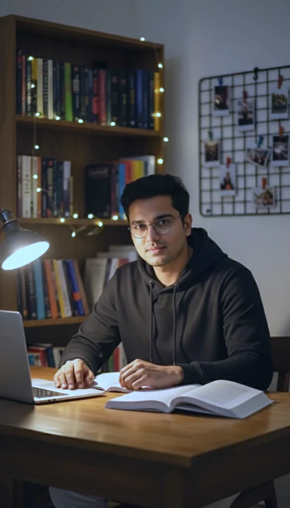 Cozy Study Room Portrait with Laptop and Fairy Lights (Prompt)
