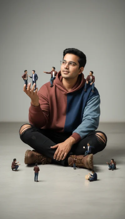 AI-generated image: Creative Surreal Portrait of a Man with Miniature Clones