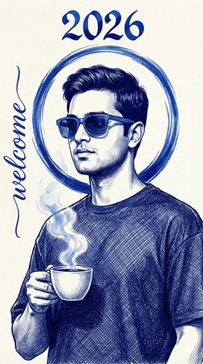 AI-generated image: Hand-Drawn Portrait: Blue Fountain Pen Ink & Calligraphy (Gemini Prompt)