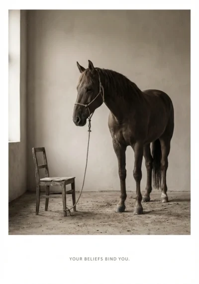 Horse Tied to Chair: Symbol of Self-Imposed Limitations (Prompt)