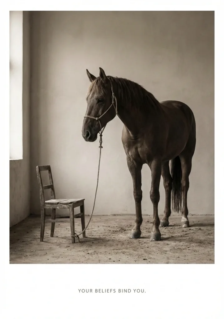 Horse Tied to Chair: Symbol of Self-Imposed Limitations (Prompt)