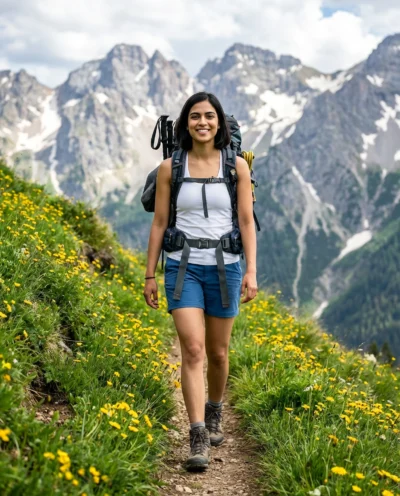 AI-generated image: Mountain Trail Hiking Portrait of a Woman (Gemini Prompt)
