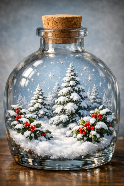 AI-generated image:  Hyper-Realistic Winter Landscape in Glass Bottle