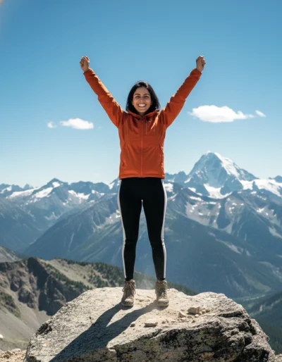 AI-generated image: Mountain Victory Portrait of a Hiking Woman (Gemini Prompt)