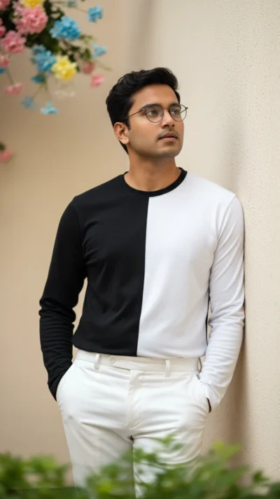 AI-generated image: Outdoor Cinematic Portrait with Split-Color Outfit (Gemini)