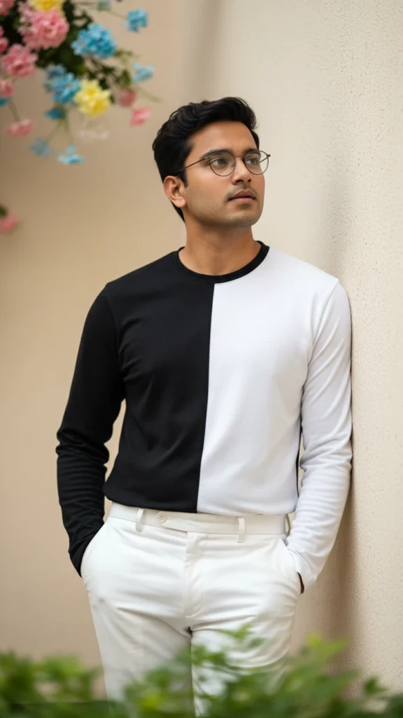 Outdoor Cinematic Portrait with Split-Color Outfit (Gemini)