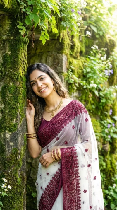 Radiant Woman Portrait in Burgundy Saree (Gemini Prompt)
