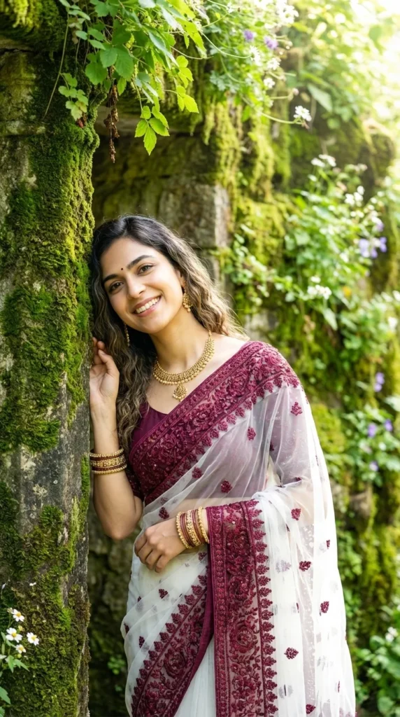 Radiant Woman Portrait in Burgundy Saree (Gemini Prompt)