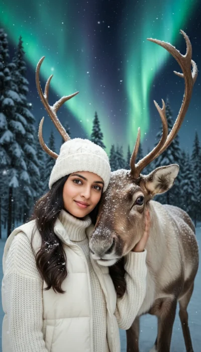 Realistic Winter Portrait of a Girl and Reindeer (Gemini Prompt)