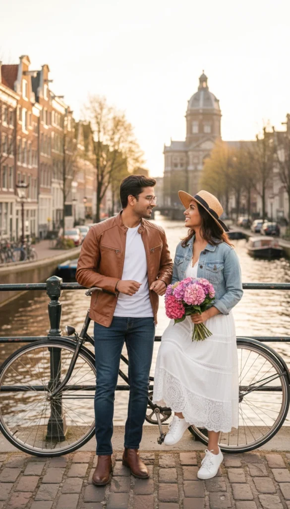 Romantic Couple on Amsterdam Bridge at Golden Hour