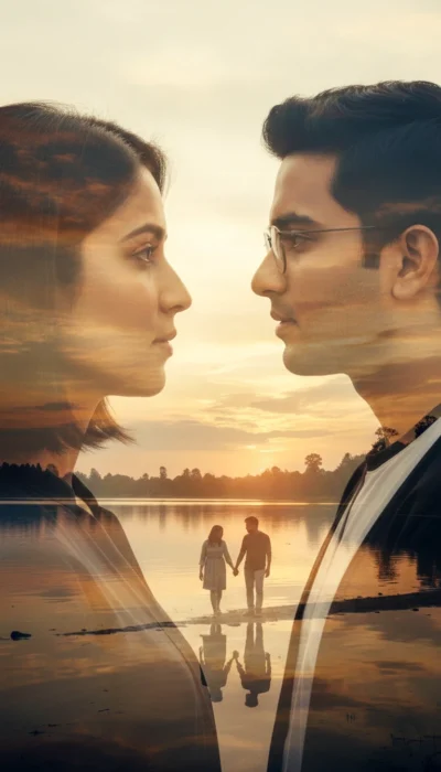 AI-generated image: Romantic Double Exposure Couple Portrait with Lakeside Sunset