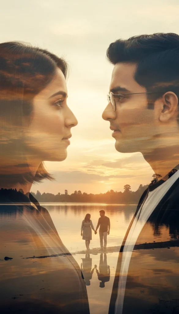Romantic Double Exposure Couple Portrait with Lakeside Sunset