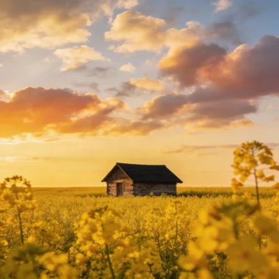 Rustic Cabin in a Golden Canola Field at Sunset