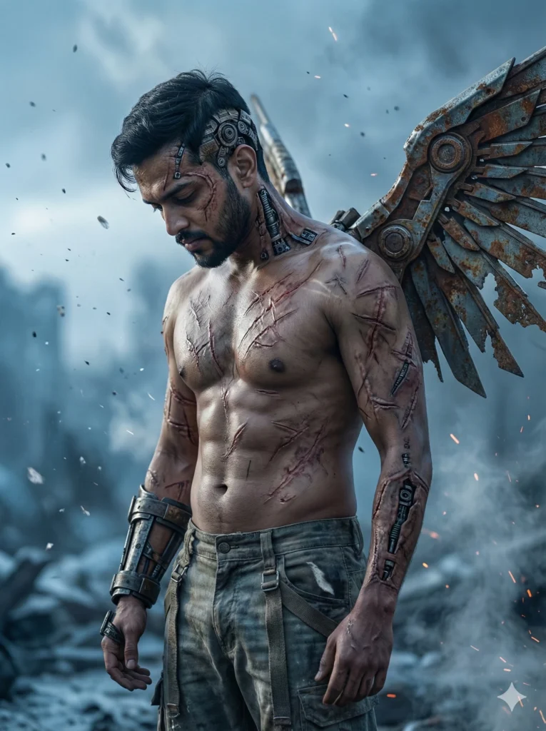 Portrait of a Warrior with Scars & Mechanical Wings (Prompt)