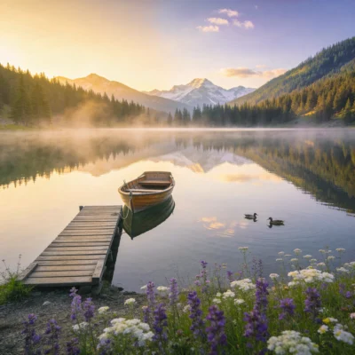 Serene Mountain Lake at Golden Hour: A Tranquil Landscape