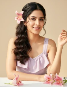 Soft Korean-Style Studio Portrait of a Young Woman with Lilies