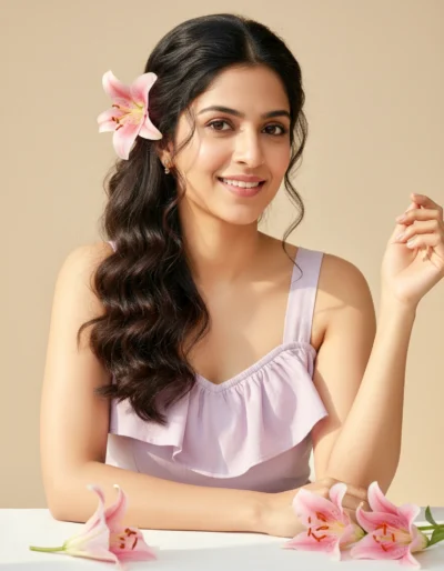 Soft Korean-Style Studio Portrait of a Young Woman with Lilies