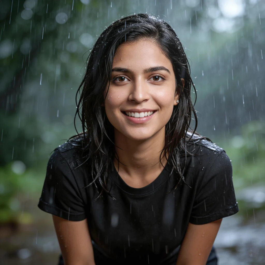 Ultra-Realistic Rainy Portrait of a Smiling Young Woman