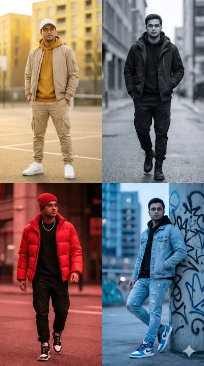 Urban Fashion Quad-Panel Composite Portrait (Gemini Prompt)