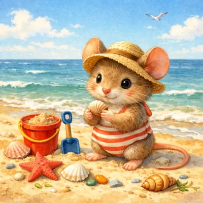 AI-generated image: Whimsical Beach Illustration of a Little Mouse
