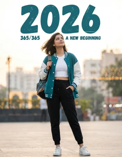Woman in Varsity Jacket with “A New Beginning” Text (Gemini Prompt)