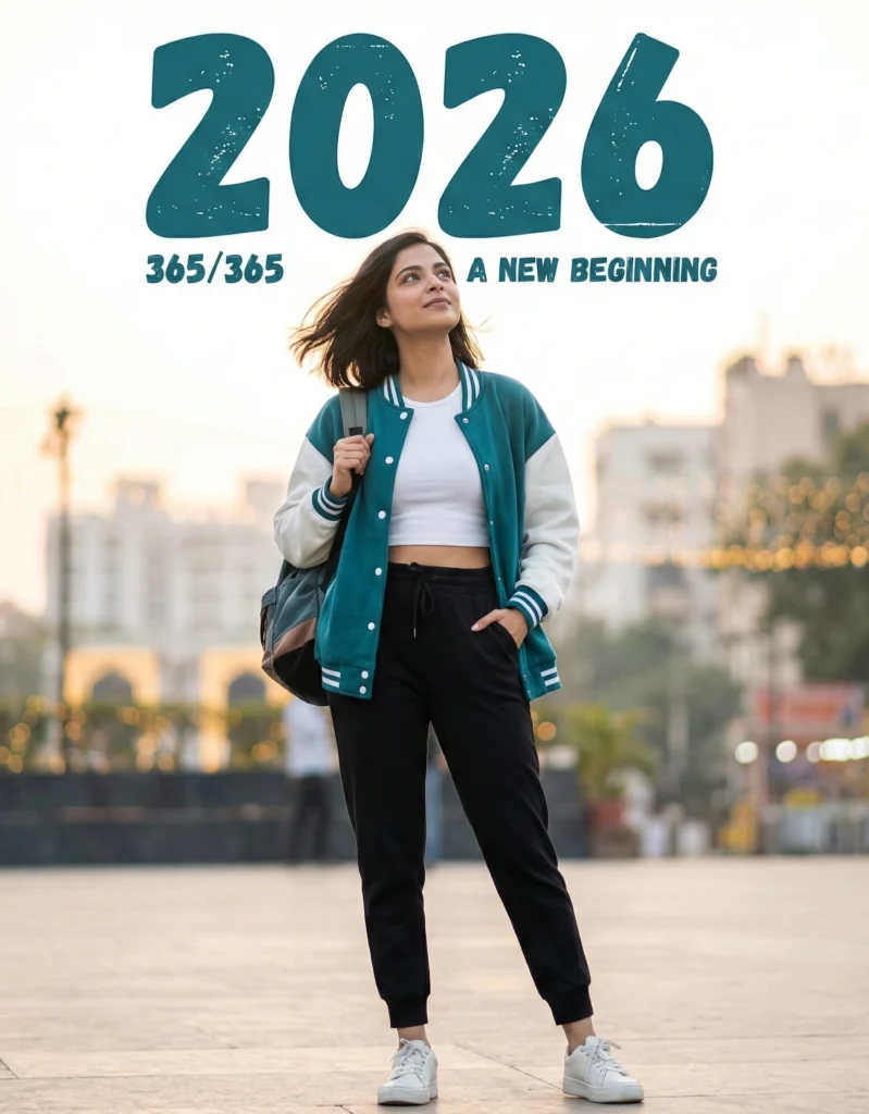 Woman in Varsity Jacket with “A New Beginning” Text (Gemini Prompt)